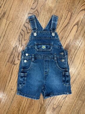 Vintage Gymboree 2002 Hard Hat Area Dark Denim Short Overalls Size 6-12 months